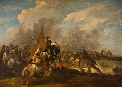 painting of a group of men riding horses in a field