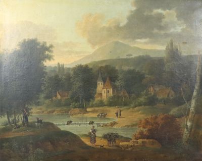 peinture représentant un paysage avec une rivière et un village au loin