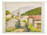 painting of a village with a steeple and a steeple in the distance