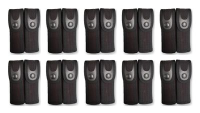 a set of eight pairs of black knee pads on a white background