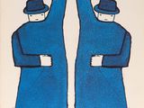 two men in blue coats and hats standing next to each other