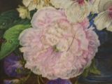 a painting of flowers in a vase on a table