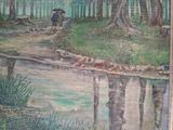 a painting of a man walking down a path in the woods