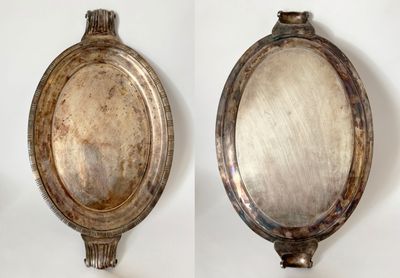 two pictures of a silver oval mirror on a wall