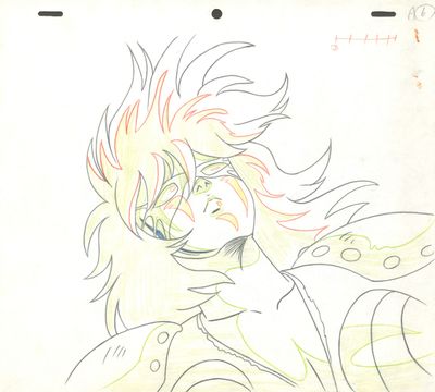 drawing of a man with a yellow and red hair and a white shirt