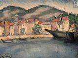 a painting of a boat in the water near a town