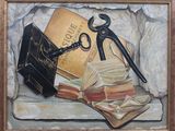 a painting of a pair of scissors on a pile of books