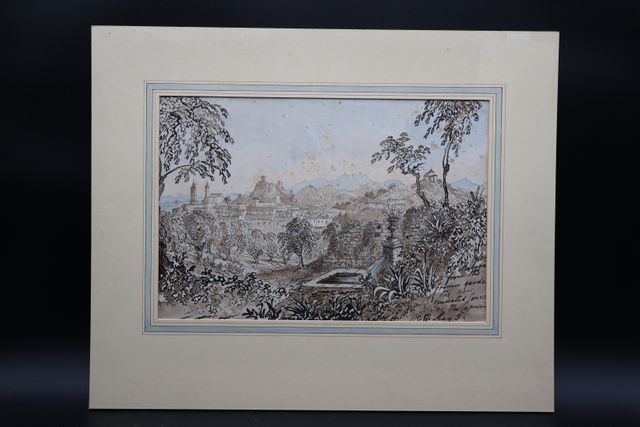 École Anglaise XIXème « Malaga ». Encre et aquarelle. Non signée....
