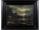 a painting of a river scene with a boat in the foreground