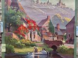 painting of a painting of a village with a river in the foreground