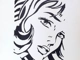 un dessin en noir et blanc représentant le visage d'une femme aux cheveux longs
