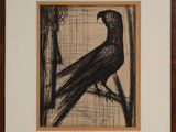 drawing of a black bird sitting on a branch in a frame