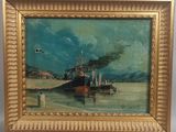une peinture à l'huile représentant un bateau sur un plan d'eau, avec un oiseau qui passe en volant