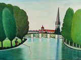 un tableau représentant un pont au-dessus d'une rivière, avec une église en arrière-plan