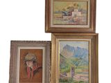 trois tableaux encadrés représentant une femme coiffée d'un chapeau et un homme coiffé d'un chapeau