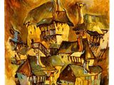une peinture représentant une peinture d'un village avec la pleine lune en arrière-plan