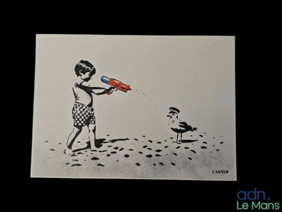 tableau représentant une jeune fille et une mouette sur la plage, avec une bouteille de soda