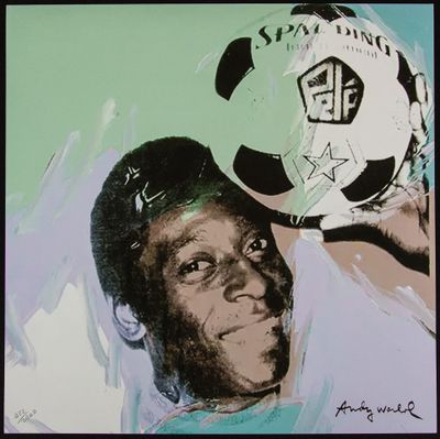 a painting of a man with a soccer ball on his head