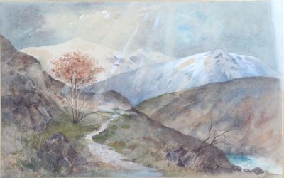 une image représentant un tableau représentant un paysage de montagne avec une rivière