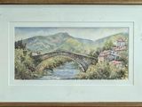 a picture of a painting of a bridge over a river