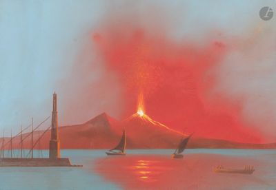 une image représentant un tableau où l'on voit un volcan au loin, avec des voiliers au premier plan
