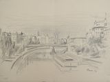 dessin représentant une vue d'une ville avec un pont et une tour horloge