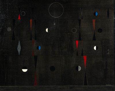 une peinture abstraite composée de formes noires, rouges et bleues sur fond noir