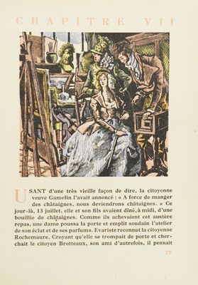 an old book with a picture of a man and a woman sitting on a chair
