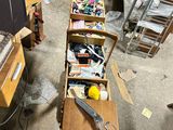a wooden table with a pair of scissors on top of it