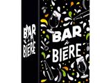 un réfrigérateur noir orné d'un motif représentant un bar à bière