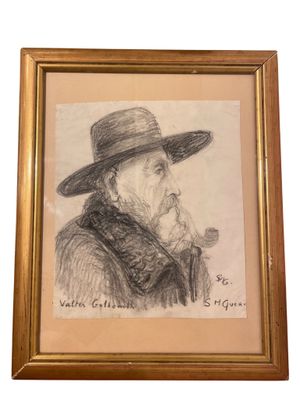 dessin représentant un homme coiffé d'un chapeau et tenant une pipe à la bouche