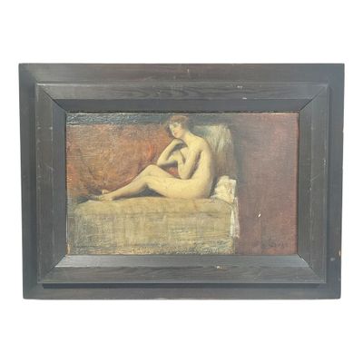 tableau représentant une femme nue assise sur un canapé, dans un cadre noir
