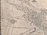 an old map of a city with a river running through it and mountains in the background