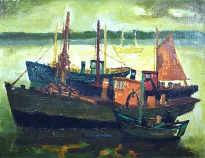 une peinture représentant un bateau posé sur l'eau