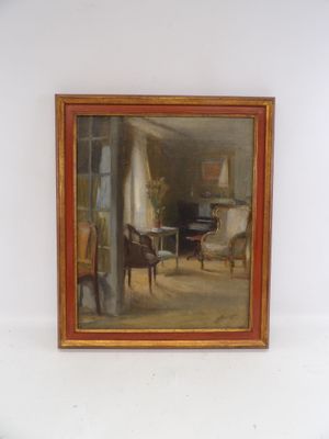 un tableau représentant un salon avec un piano dans un coin