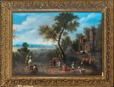 painting of a landscape with people and animals in a wooded setting