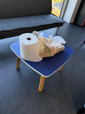 deux rouleaux de papier toilette posés sur une table bleue