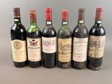 several bottles of wine are lined up on a table