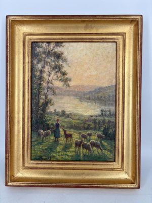 tableau représentant un paysage avec des moutons et un homme dans un champ