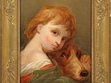 une image représentant un tableau où l'on voit une jeune fille tenant un chien dans ses bras
