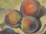 a painting of three peaches and a banana on a plate