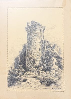 un vieux dessin représentant un château avec une tour au sommet d'une colline