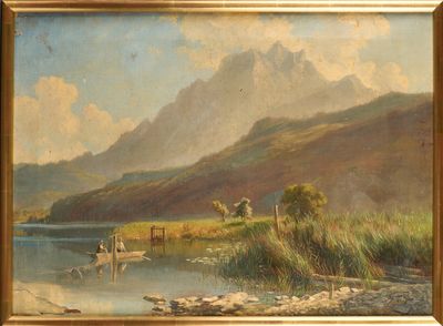 une peinture à l'huile représentant un paysage de montagne avec un bateau sur l'eau