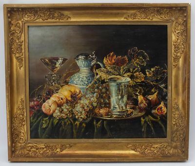 tableau représentant une nature morte composée de fruits et d'un vase posés sur une table