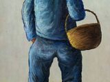 un tableau représentant un homme portant un panier qui marche dans la rue