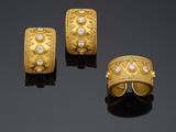 three gold and diamond jewellery including a ring, bracelet, and ring