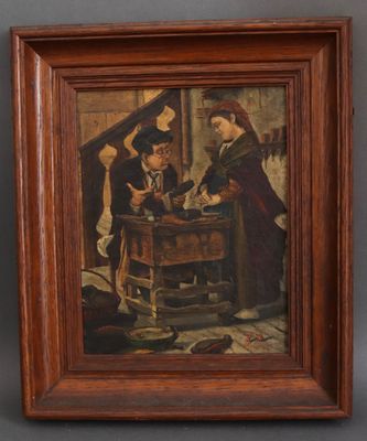 a painting of a painting of a man at a desk in a room