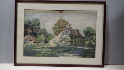 tableau représentant une scène de campagne avec une maison et des arbres en arrière-plan