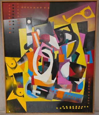tableau représentant des formes et des couleurs abstraites, encadré et accroché au mur
