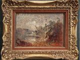 l'image d'un tableau représentant un paysage avec une rivière au premier plan